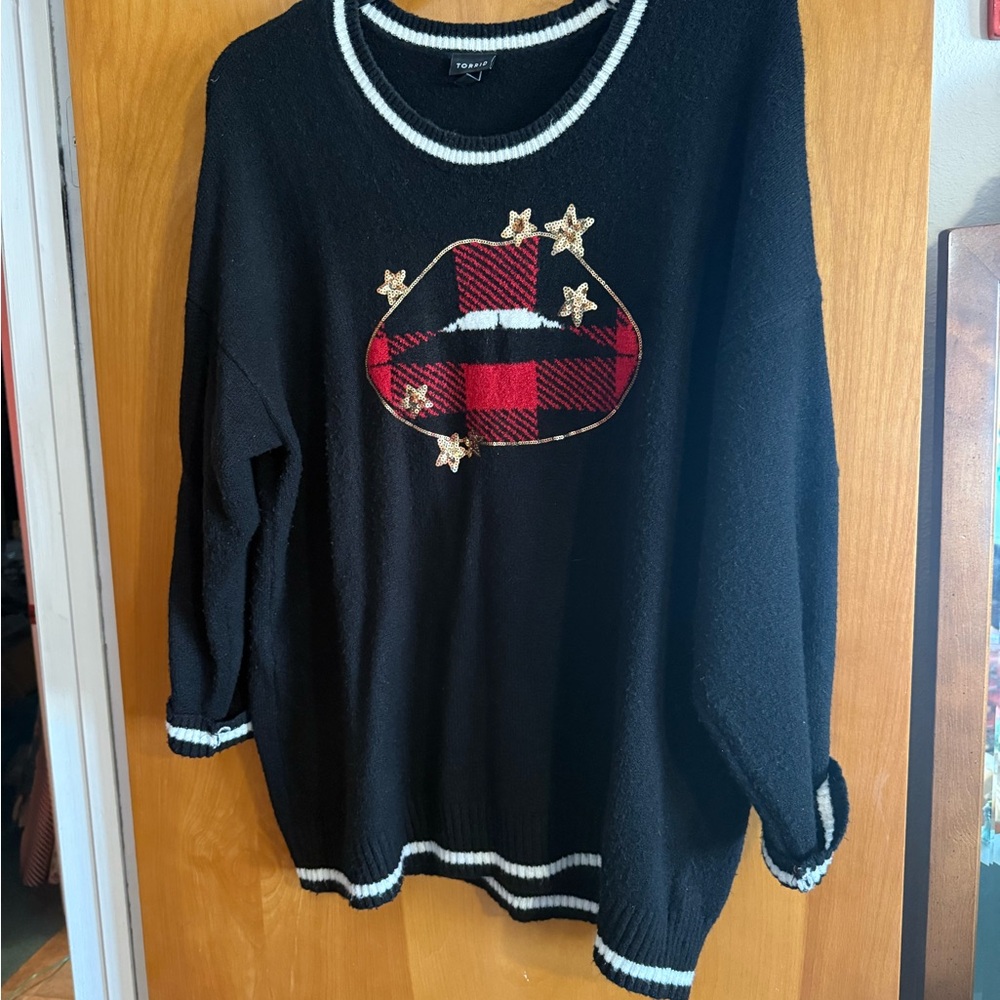 Torrid Black Sweater with Red Plaid Lips and Star Accents